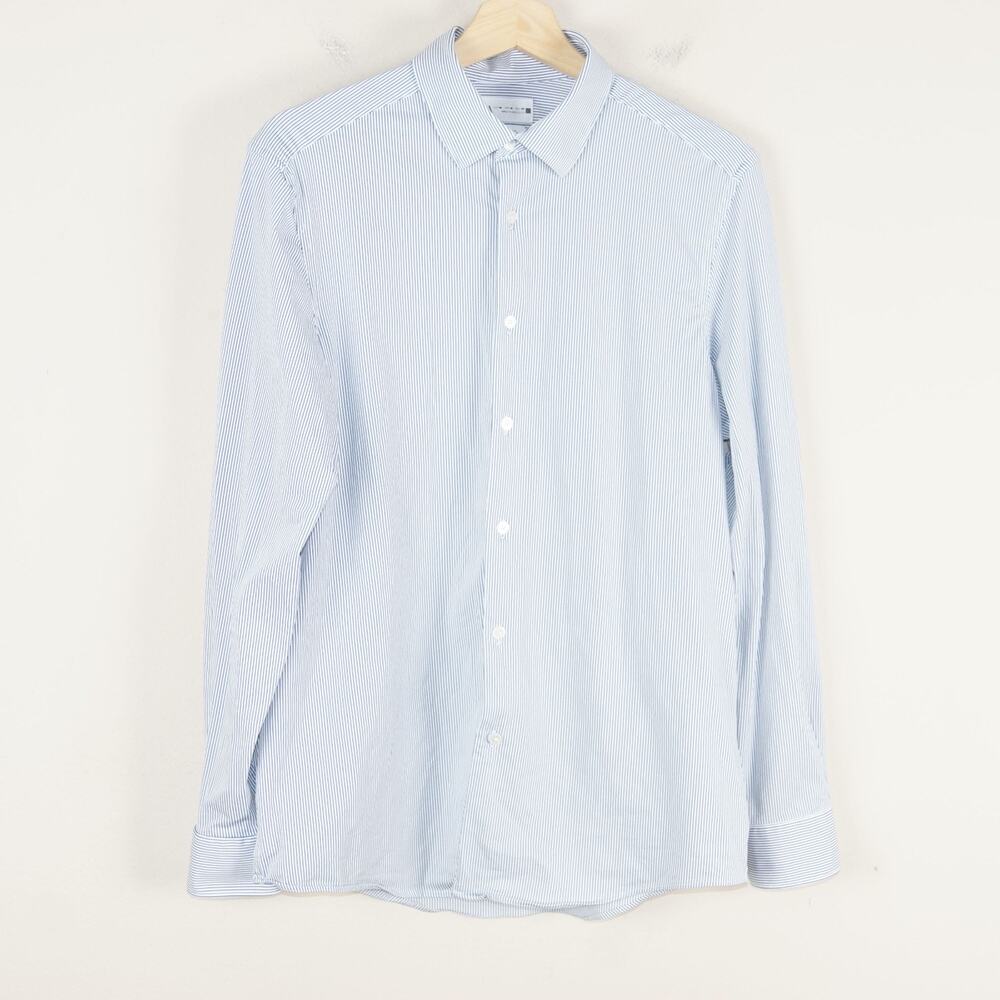 Zara Long Sleeve Button Down Blue Striped Stretch Slim Fit Shirt Mens Sz M